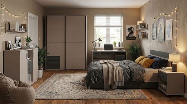 Jugendzimmer Bahamas Grau- Grafit mit Schwebetürenschrank und verschiedenen Bettvarianten und Zusammenstellungen wählbar - 8 teilig , Kleiderschrank + Passepartout + Jugendbett + 2 Bettschubkästen + Nachttisch + Schreibtisch + Kommode