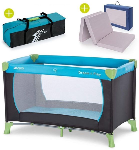 Hauck Baby-Reisebett Dream'n Play - Set - Waterblue, 4-tlg, Kinderreisebett mit Reisebett Matratze (6 cm Höhe) & Tasche - faltbar