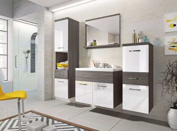 welltime Badmöbel-Set ELDA, (Komplett-Set, 5-St), Waschtisch inkl. Waschbecken, Hochschrank, Badschrank und Spiegel