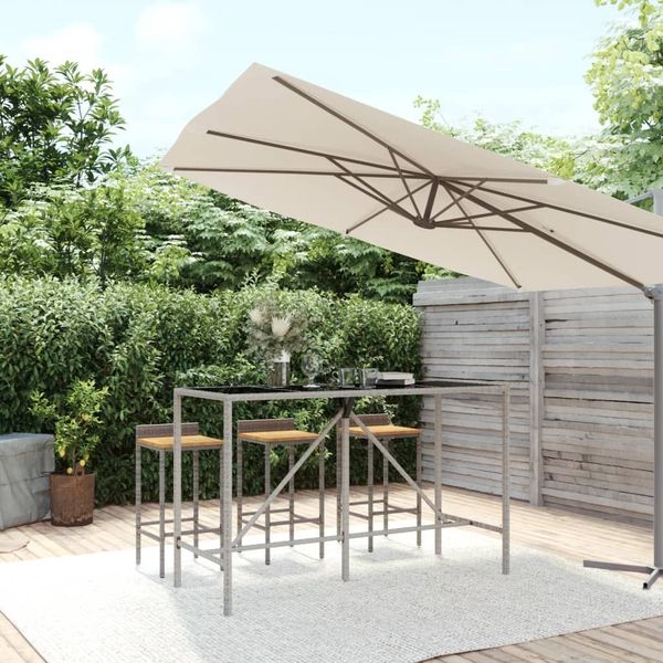 Bartisch, Gartentisch, Küchentisch mit Glasplatte Grau 180x70x110 cm Poly Rattan