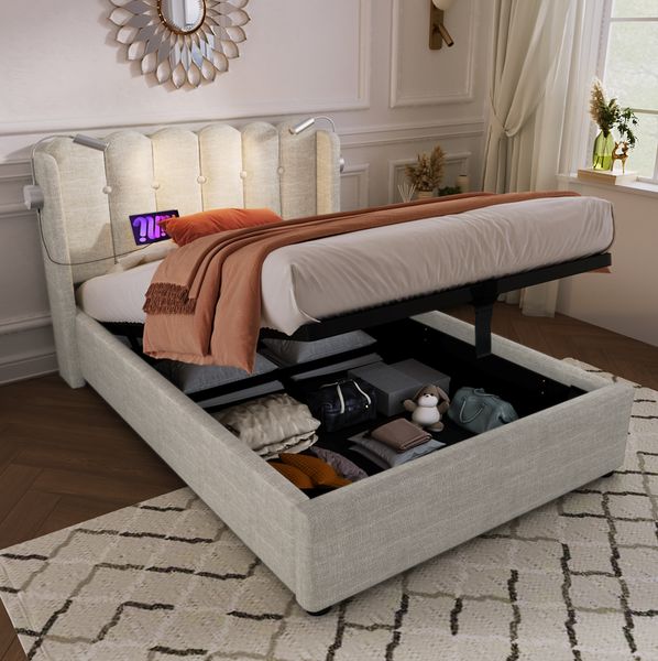 Bett 90x200 cm aus Leinen mit Bettkasten, Leselicht und Ladefunktion