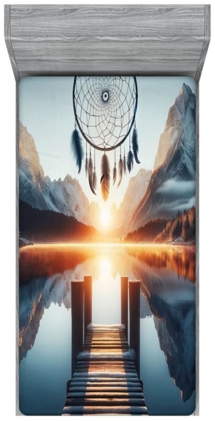 Abakuhaus Spannbettlaken Soft Dekorativer Stoff Bettwäsche Rund-um Elastischer Gummizug, See Sonnenuntergangs-Boho-Traumfänger