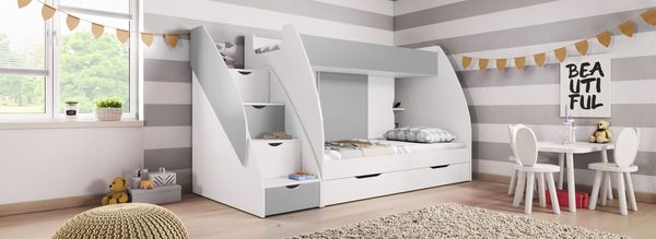 Etagenbett Luna in Weiß und Grau 80x200 cm Liegefläche mit integriertem Regal, Bettschubkasten und Schüben