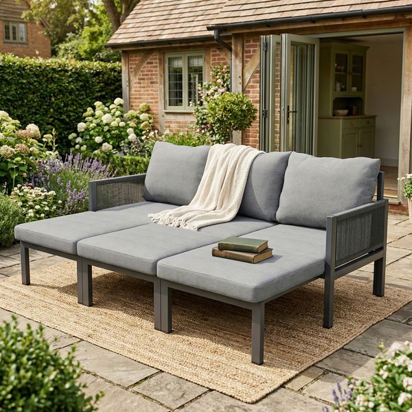 Merax Gartenmöbel-Set, Outdoorsofa, 3-Sitzer-Sofa, Multifunktionales Sofa, lässt sich in einen Liegesessel verwandeln, verzinktes Eisen, grau