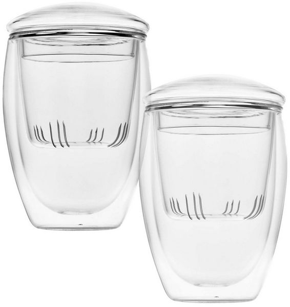 KVOTA Teeglas 2-er Set Doppelwandige Gläser je 350ml mit Sieb und Deckel aus Glas, 2-tlg, Borosilikat-Glas, Sieb und Deckel aus Glas