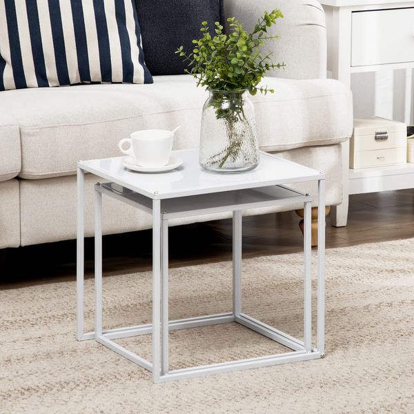 Couchtisch Set 2-teilig quadratisch Stahlrahmen Beistelltische Wohnzimmer Tische Nesting,Weiß