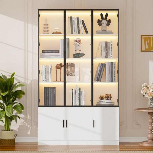 STILVORA Vitrine Wohnzimmer Hochschrank mit LED Glasvitrine stehend mit 6 Schranktüren (Packung, 1-St, Stauraum mit integrierter Kippsicherung) Schlanke 200cm Vitrine, Elegante Präsentation für Sammlerstücke