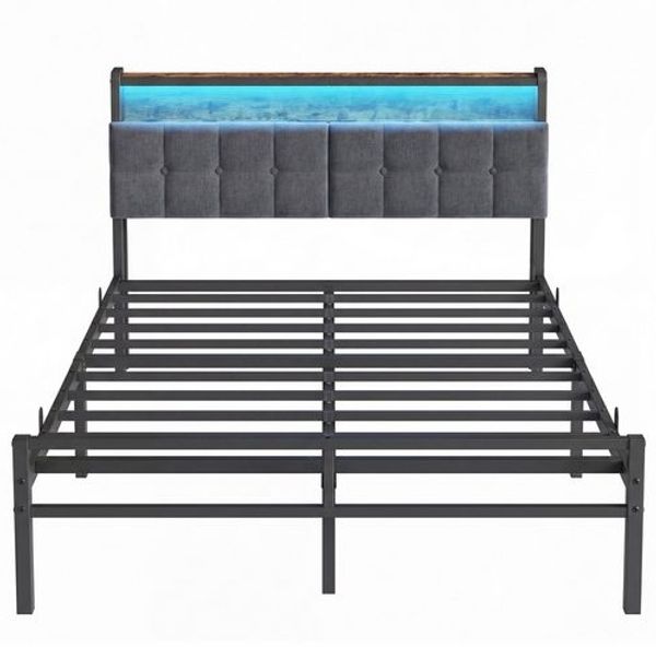 VASAGLE Bettgestell 140 x 200 cm mit Stauraum, Metallrahmen, Bett mit LED-Beleuchtung und Kopfteil, schwarz-braun