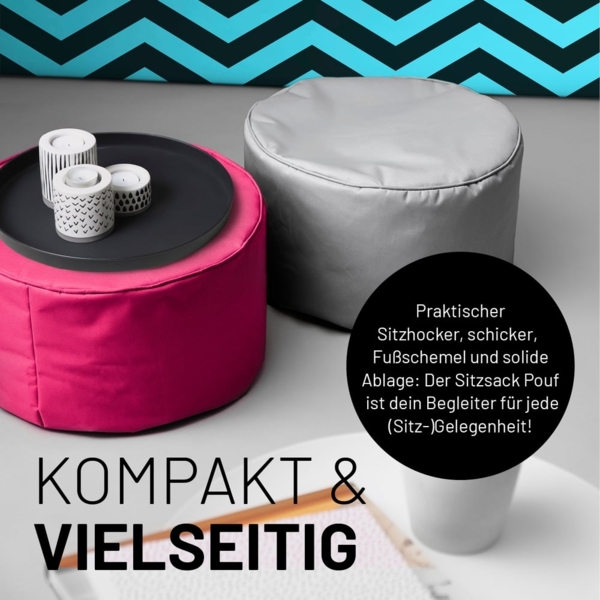 Lumaland Indoor Outdoor Sitzsack Hocker 25x45 cm - Runder Sitzpouf, Sitzsack Bodenkissen, Fussablage, Bean Bag Pouf - Wasserabweisend - Pflegeleicht - ideal für Kinder und Erwachsene - Pink Bild 7