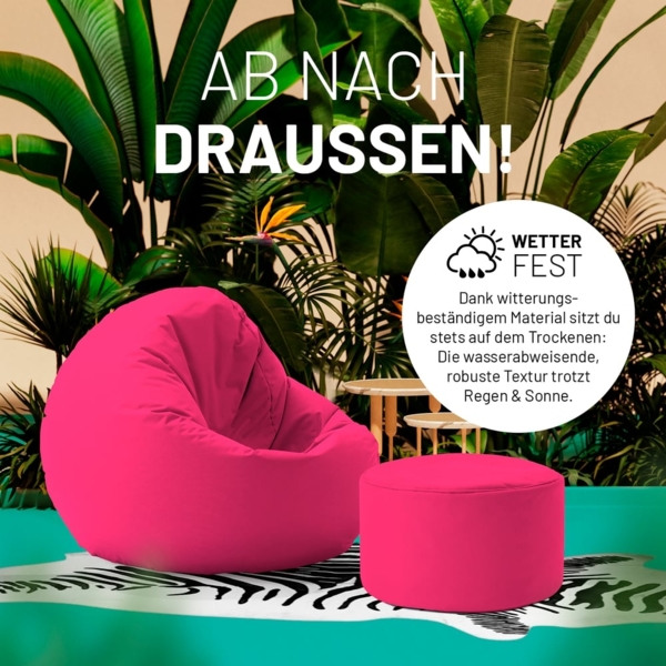 Lumaland Indoor Outdoor Sitzsack Hocker 25x45 cm - Runder Sitzpouf, Sitzsack Bodenkissen, Fussablage, Bean Bag Pouf - Wasserabweisend - Pflegeleicht - ideal für Kinder und Erwachsene - Pink Bild 6