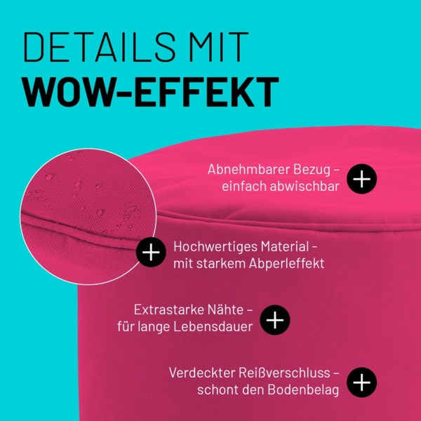 Lumaland Indoor Outdoor Sitzsack Hocker 25x45 cm - Runder Sitzpouf, Sitzsack Bodenkissen, Fussablage, Bean Bag Pouf - Wasserabweisend - Pflegeleicht - ideal für Kinder und Erwachsene - Pink Bild 5