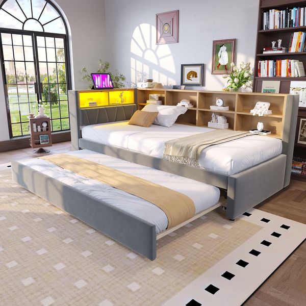 Polsterbett Ausziehbett 90x200/90x190 cm ohne Matratze, mit LED, USB-C, Steckdose und Stauraum, Flanell Dunkelgrau