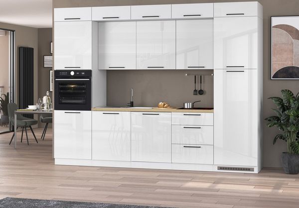 KOCHSTATION Küchenzeile Luna, Einbauküche, Zeilenküche, mit Soft-Close Funktion, Made in Italy, Breite 300 cm ohne E-Geräte, mit Spüle+Siphon und Aufsatz