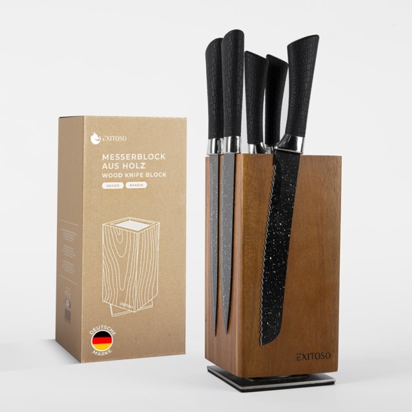Exitoso Messerblock Messerhalter aus Holz 360-Grad-Drehbar, Messerblock mit Platz für bis zu 20 Messer Borsteneinsatz magnetisch