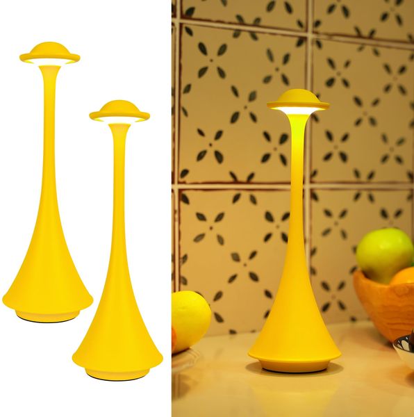 LuminexDesigns 2ER Kabellos LED Tischlampe Touch Dimmbar - Elegant Gelb Metall im Modern Minimal-Design, Tragbar Tischleuchte Akku für Nachttisch, Abendesse, Romantisch Atmosphäre, Café, Terrasse