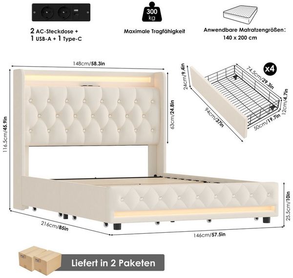 Homfa Polsterbett Bett 140x200 Bettgestell Doppelbett, mit Ladefunktion und 4 Schubladen, LED-Beleuchtung, ohne Matratze