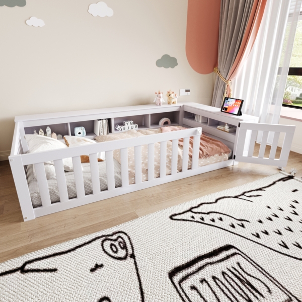 Merax Kinderbett 90x200cm mit Tür, Bodenbett Spielbett mit offenen Staufächern, Einzelbett Holzbett mit Lattenrost und Rausfallschutz, Weiß