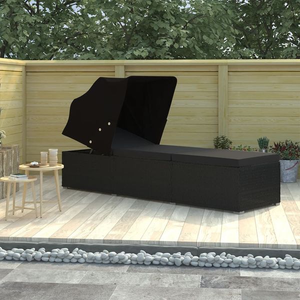 Sonnenliege, Gartenliege mit Sonnenschutz und Auflage Poly Rattan Schwarz