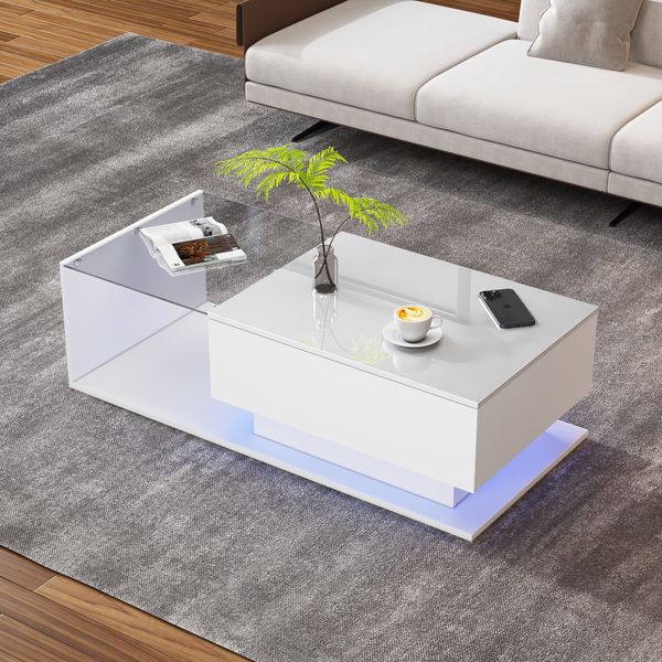 Couchtisch, Hochglanz, Weiß, Mit Glasplatte, Mit Schubladen, Kratzfest, Mit LED-Beleuchtung, Moderner Stil, 100 × 50 × 32 cm