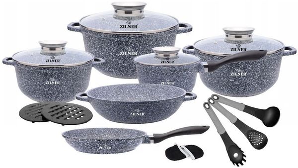 Zilner Topf-Set Schöne graue Töpfe, Topfset Bratpfanne, Kasserolle, Steinbeschichtung, Aluminiumguss (sehr hochwertig, 17-tlg, Zeitloses Design des Topfsets. Eine ideale Geschenkidee)