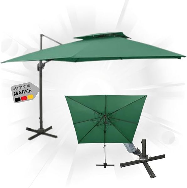 Sonnenschirm rechteckig LOTI 300cm Grün UV-Schutz, Kippbar, Kurbelsystem Ampelschirm rechteckig Freiarm Sonnenschirm 300 cm Kurbelschirm Standschirm Sonnenschutz Gartenschirm