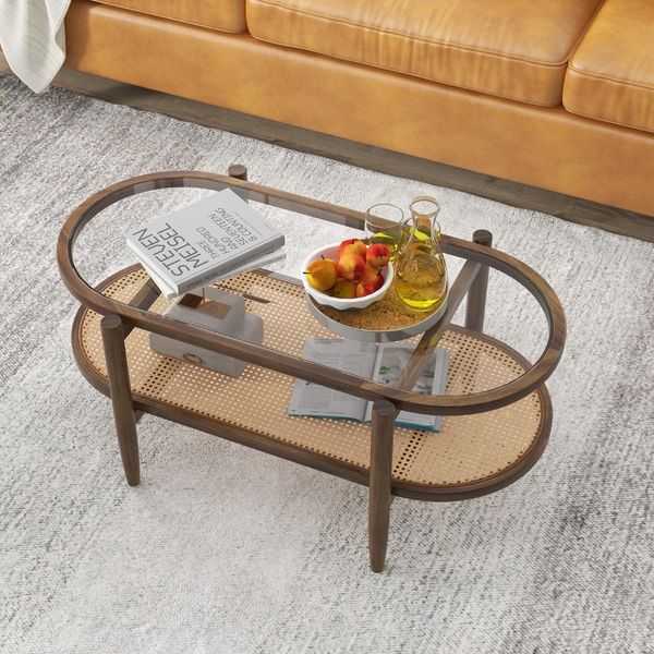Couchtisch Beistelltisch mit Glas Tischplatte & Rattan Ablage 102 x 56 x 47 cm Braun