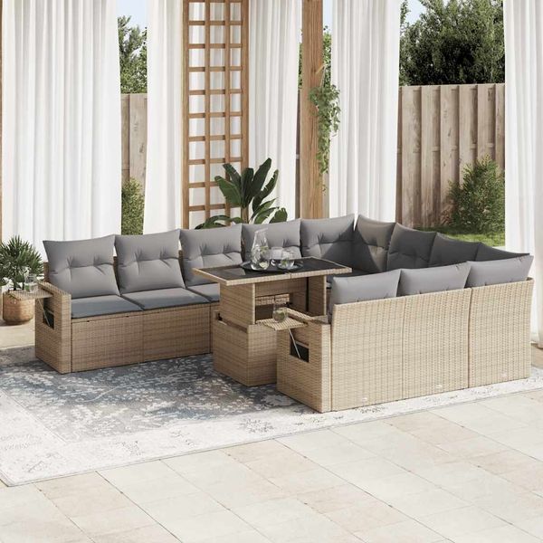 vidaXL 11-tlg. Garten-Sofagarnitur mit Kissen Beige Poly Rattan 3326550