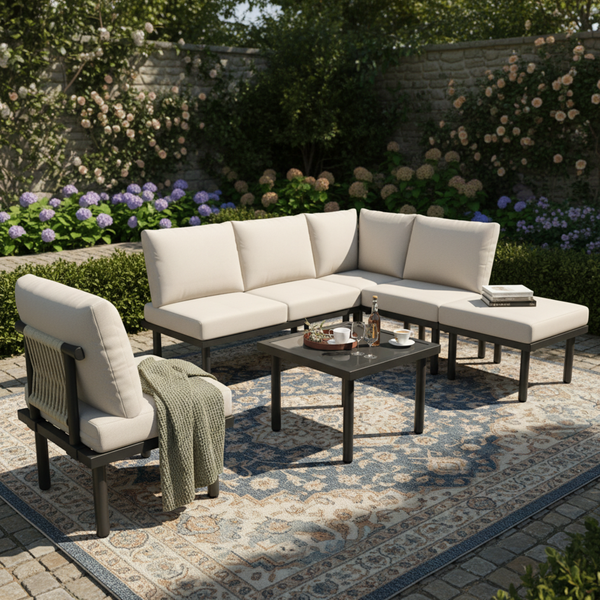 Garten-Loungesessel-Set mit verzinktem Eisenrahmen, 6er-Set, Gartenmöbel-Set aus Seil, beige geflochtenes Seil, verstellbare Füße, glatte Glastischplatte, inkl, aller Sitz- und Rückenkissen, beige
