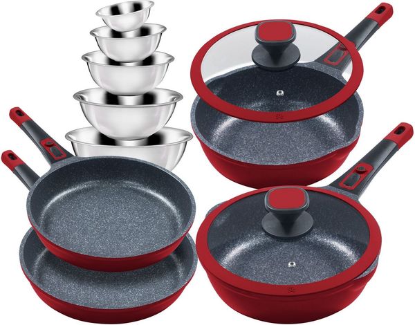 KING Pfannen-Set Moonscape, Aluminiumguss (Set, 11-tlg, je 1 Bratpfanne Ø 24/24/28/28cm, H: 5/7,5/5,5/8,5cm, - 1,9/2,8/2,5/4 l), Induktion, Moonscape-Beschichtung,inkl. 5 Schüsseln