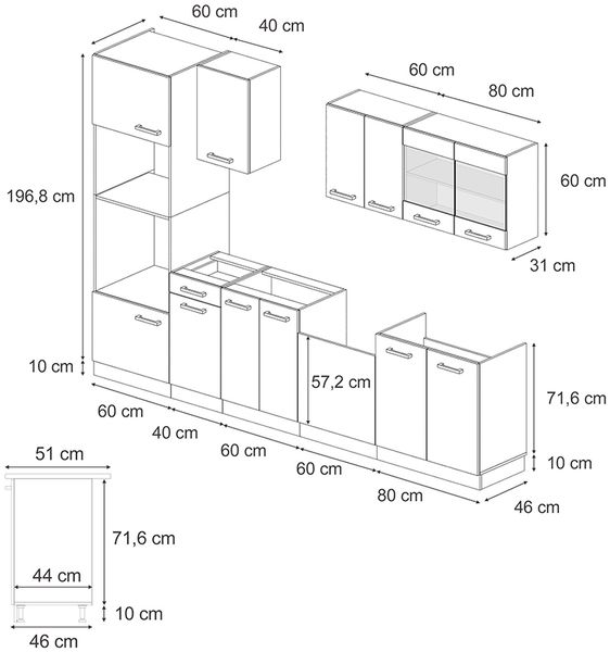 Küchenzeile R-Line Blau-Grau 300 cm mit Hochschrank, AP Marmor Vicco Bild 3