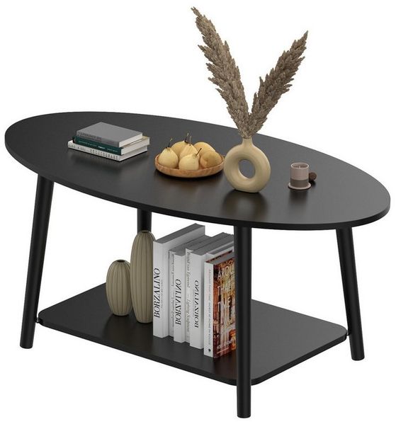 JEOBEST Couchtisch Doppelschicht Couchtisch, Beistelltisch Sofatisch mit Ablagen, Wohnzimmertisch Oval 100 x 53 x 45 cm, einfacher Aufbau