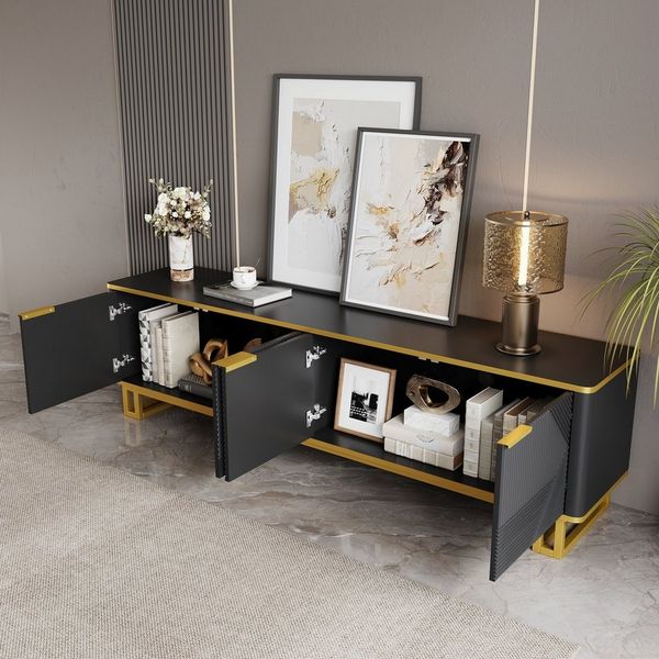 OKWISH TV-Schrank TV-Schrank mit vier Türen, 160 x 37,5 x 48 cm (Packung, 1-St, mit 2 Staufächern) Klassische Kombination aus Gold und Weiß, geometrische Türpaneele