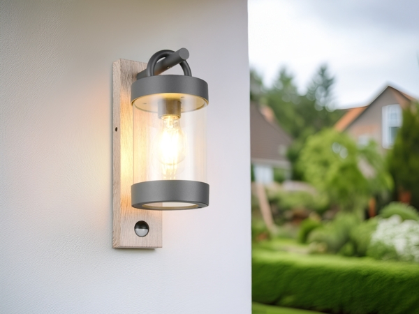 LED Außenwandleuchte Laterne Holzoptik mit Bewegungsmelder, Höhe 33cm