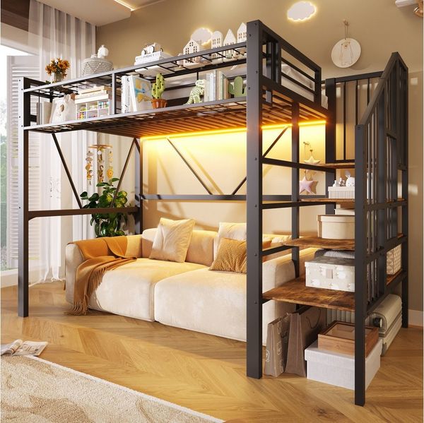 Flieks Hochbett Metallbett 90x200 cm mit Gitterregal, LED-Lichtleiste, Stauraumtreppe