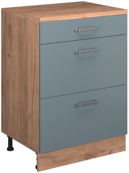 Küchenschrank für Dachschrägen R-Line Blau-Grau 60 cm ohne Schräge mit 3 Schubladen Vicco
