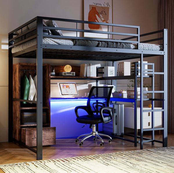 Bett 140x200 cm Hochbett mit LED-Beleuchtung und integriertem Schreibtisch – platzsparendes Metall-Design