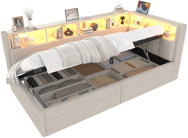Stauraumbett mit LED-Beleuchtung, Lattenrost, Stauraum, Regal, USB und Type-C Anschlüssen, 90x200cm, Polsterbett, Einzelbett, Schlafsofa, Leinen
