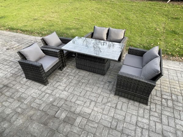 Fimous Rattan Gartenmöbel Set im Balkon 6-Sitzer Einstellbare Höhe Esstisch Sofa Set mit Doppelsitz-Sofa Dunkelgrau Gemischt
