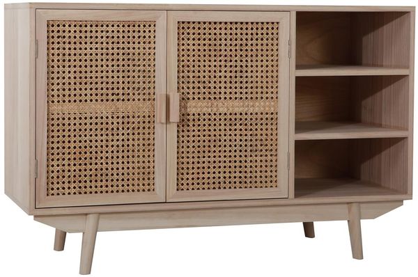 Sideboard 100 x 36cm MDF Paulownia-Holzfurnier und Rattanfront mit viel Stauraum