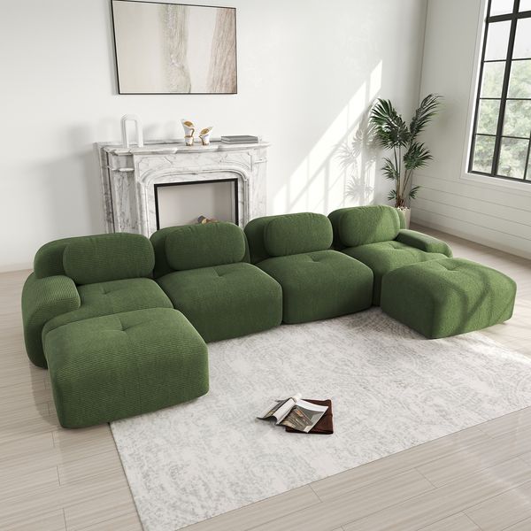 Flieks Modulares Cord Sofa 4-Sitzer mit 2x Hocker, Cloud Sofa rahmenlos, bodennah mit tiefer Sitzfläche, auch als Schlafsofa nutzbar, Grün