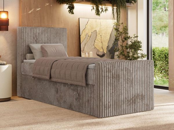 Bett mit Matratze, Boxspringbhett TILIANO DUO 90, Einzelbett 90 x 200 cm, Multipocket-Matratze 7-Zonen-Taschenfederkern - Hellbraun Cordstoff - H4 - Links - Topper Visco