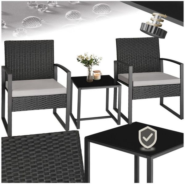 tectake Sitzgruppe Rattan Gartenlounge für 2 Personen, höhenverstellbare Kunststofffüße, (Loungeset Granada, 3-tlg, für Außen in Hellgrau/Schwarz), widerstandsfähig, UV-beständig, mit Sicherheitsglasplatte