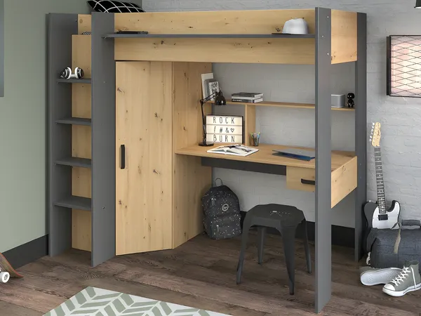 Vente-unique - AUCKLAND Bett Holz, Platte GrauBeige - B 116,4 cm x H 178,3 cm x L 204,4 cm