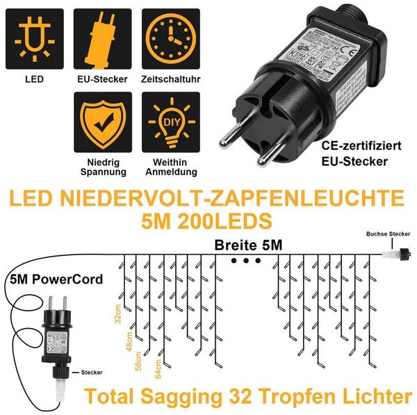Rosnek LED-Lichterkette 31V, 5M, Anschließbar, Speicherfunktion, Timer, für Dach Fenster, wasserdicht, 8 Modi, Eiszapfen, für Weihnachten Hochzeit Haus