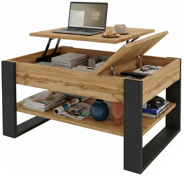 TREND WERK Couchtisch Lift-Couchtisch höhenverstellbar Sofatisch 92×54 cm mit Stauraum (verstecktem Fach Wohnzimmertisch Holz modern Wohnzimmertisch)