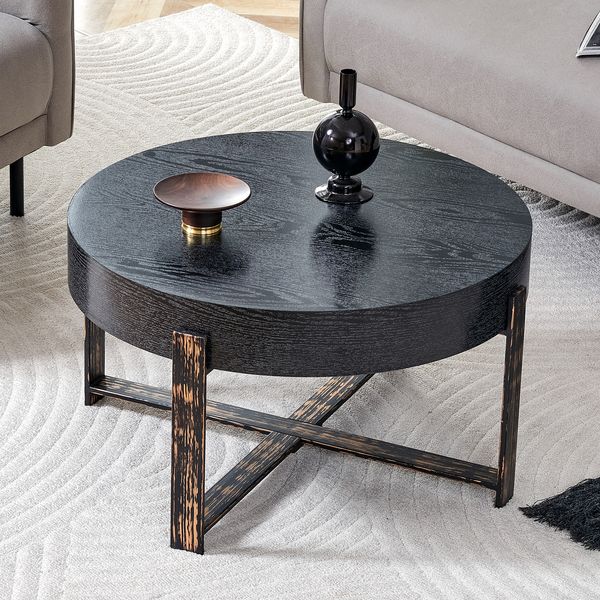 Runder Beistelltisch, Kreuzfuß Design Ø68cm, massiv gemasert, Metallgestell,bis 120kg, rutschfeste Füße,einfach montierbar,Schwarze