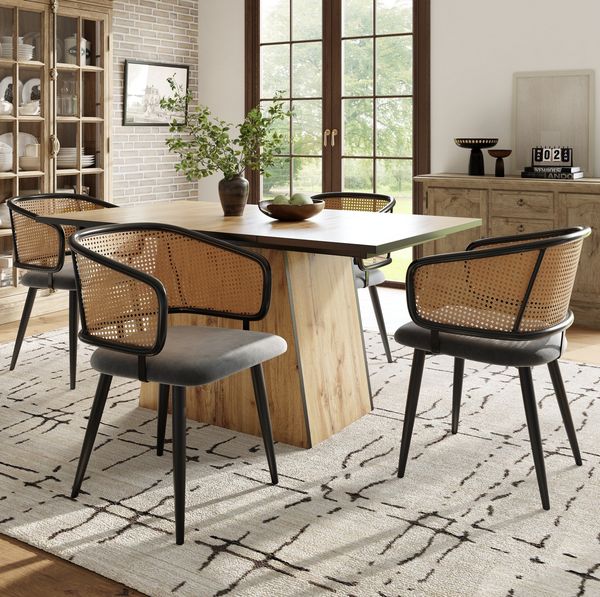 4 Esszimmerstühle mit Rattan-Rückenlehne & Samtkissen, 47x47x79 cm, Grau