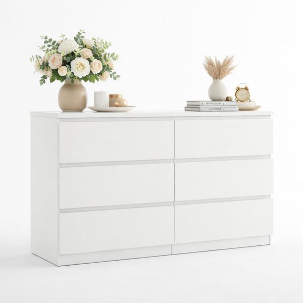 DUMOS Kommode mit 6 Schubladen, Weiß Sideboard mit Großer Kapazität, Kratzfest und wasserdicht komodenschrank, Moderne Schubladen kommoden für Wohnzimmer, Schlafzimmer & Kinderzimmer 120 x 30 x 74.5 cm