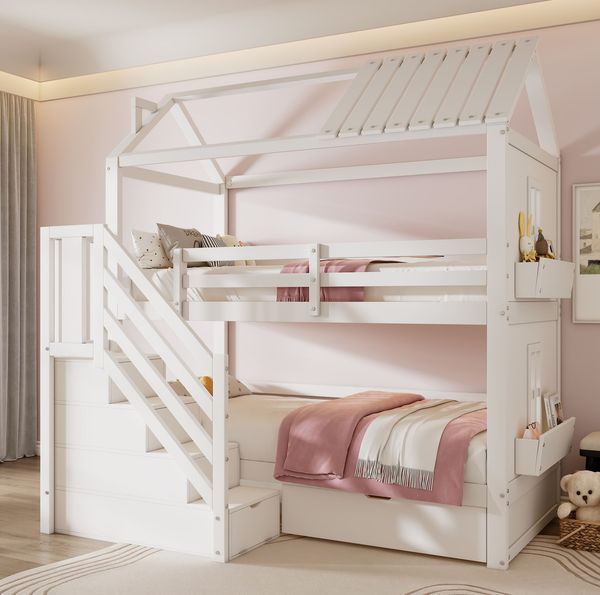 Kinder-Etagenbett mit Stauraumtreppe & Regalen, 90x200 cm, Weiß, ohne Matratze