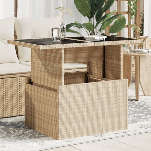 Gartentisch, Balkontisch mit Glasplatte Beige 100 x 55 x 73 cm Poly Rattan